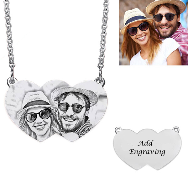 Personalized 2-Hearts Picture Necklace Sterling Silver