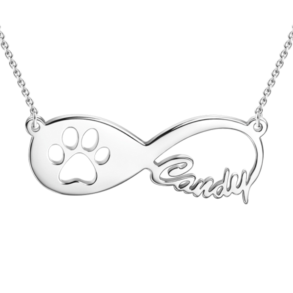 Pet Paw Print Infinity Name Necklace Silver